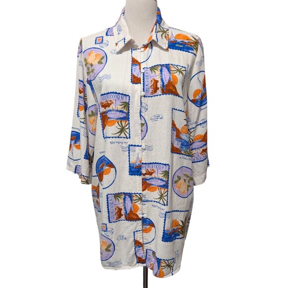 Love The Label Womens Sz L La Dolce Vita Postcards Rayon Linen Button Tunic Top - Picture 2 of 10